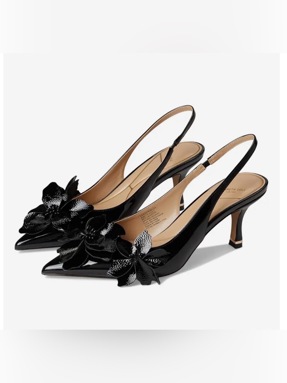 Davia Kenneth Cole Black Patent Slingback Pumps with Floral Appliqué